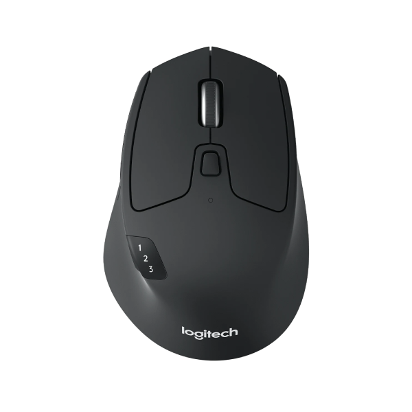 A Logitech wireless computer mouse in matte black, shown from a top-down perspective on a solid white background.