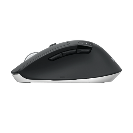 A wireless computer mouse in a side profile view, featuring a matte black top shell and a silver base, set against a plain white background.
