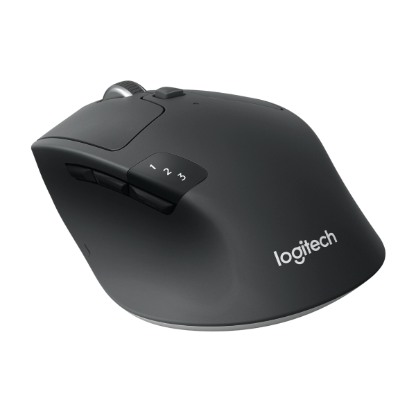 Logitech wireless ergonomic mouse in matte black with white logo and scroll wheel buttons, shown on a solid white background.