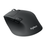 Logitech wireless ergonomic mouse in matte black with white logo and scroll wheel buttons, shown on a solid white background.