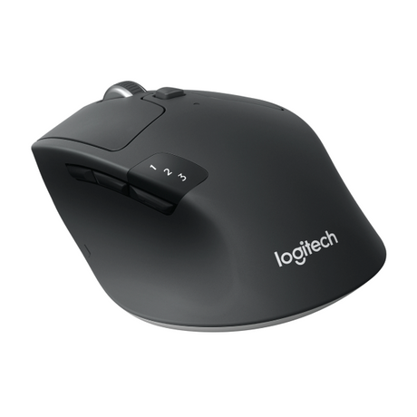 Logitech wireless ergonomic mouse in matte black with white logo and scroll wheel buttons, shown on a solid white background.