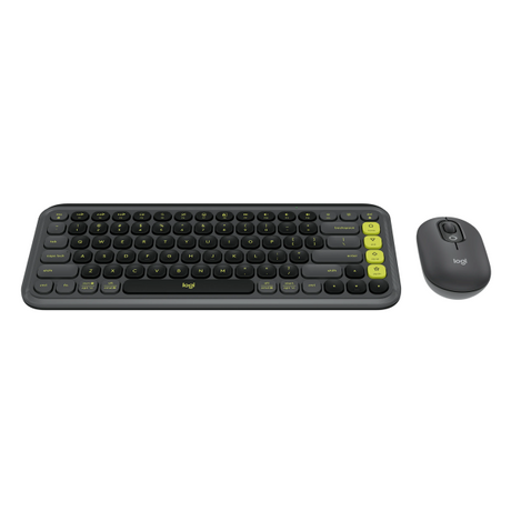 Logitech POP Icon Wireless Keyboard ENOnly and Mouse Combo
Logitech wireless keyboard and mouse set in black with bright yellow accent keys, shown on a plain white background.