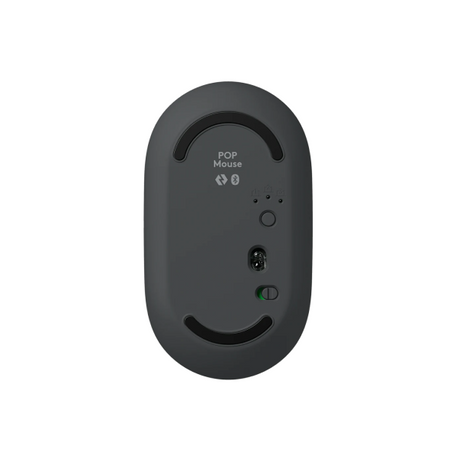 Logitech POP Icon Wireless Keyboard ENOnly and Mouse Combo
The underside of a dark gray wireless mouse, showing the base design with the brand name 'POP Mouse' printed near the top, on a solid white background.