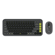 Logitech POP Icon Wireless Keyboard ENOnly and Mouse Combo
Logitech wireless keyboard and mouse set in dark gray with bright yellow-green accent buttons, shown on a plain white background.