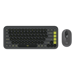 Logitech POP Icon Wireless Keyboard ENOnly and Mouse Combo
Logitech wireless keyboard and mouse set in dark gray with bright yellow-green accent buttons, shown on a plain white background.