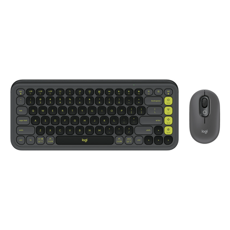 Logitech POP Icon Wireless Keyboard ENOnly and Mouse Combo
Logitech wireless keyboard and mouse set in dark gray with bright yellow-green accent buttons, shown on a plain white background.