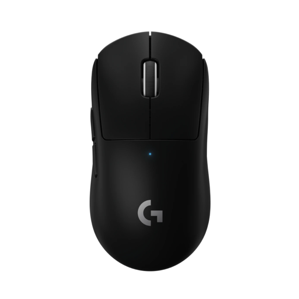 Logitech wireless gaming mouse in matte black with a silver scroll wheel and a small blue LED indicator light, shown from a top-down view on a solid white background.