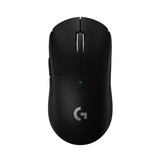 Logitech wireless gaming mouse in matte black with a silver scroll wheel and a small blue LED indicator light, shown from a top-down view on a solid white background.