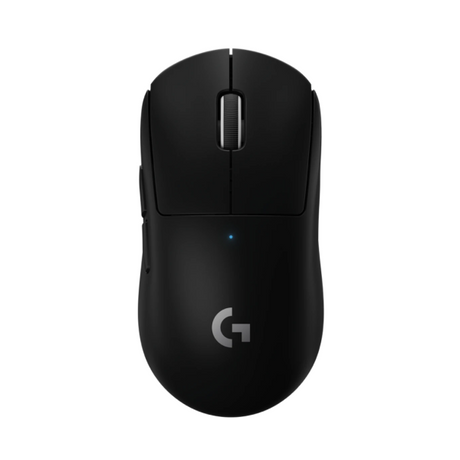 Logitech wireless gaming mouse in matte black with a silver scroll wheel and a small blue LED indicator light, shown from a top-down view on a solid white background.