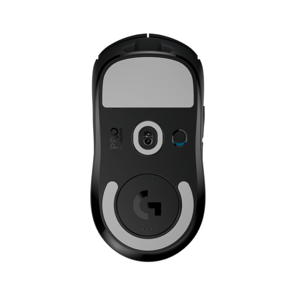 Logitech Pro 3000 wireless receiver in black and gray, featuring a circular touchpad, a central port, and a small blue LED indicator light, shown from a top-down view on a white background.