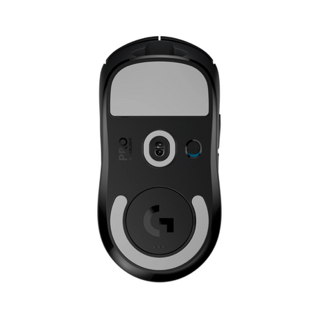 Logitech Pro 3000 wireless receiver in black and gray, featuring a circular touchpad, a central port, and a small blue LED indicator light, shown from a top-down view on a white background.