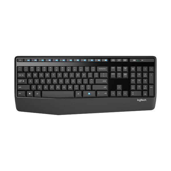 Logitech wireless keyboard in black with blue backlighting on the top row, shown from a front-facing perspective on a solid white background.