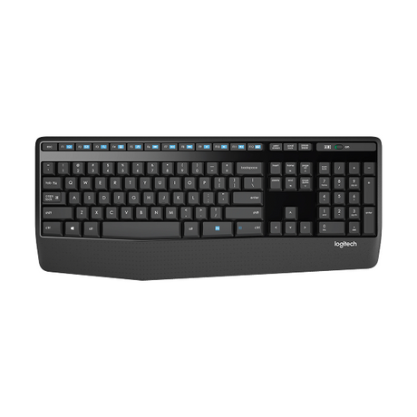 Logitech wireless keyboard in black with blue backlighting on the top row, shown from a front-facing perspective on a solid white background.