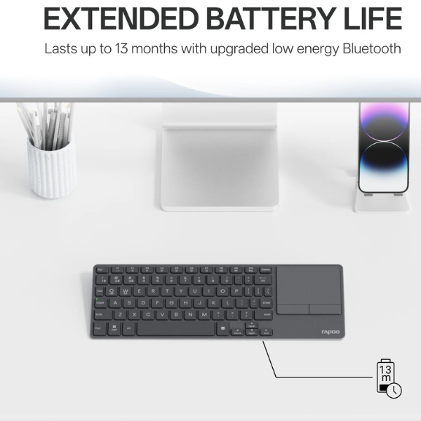 RapooE900Tmulti-modeWirelessUltra-slimKeyboardwithTouchpadAraLayout-DarkGrey-Specs --DokkanTech