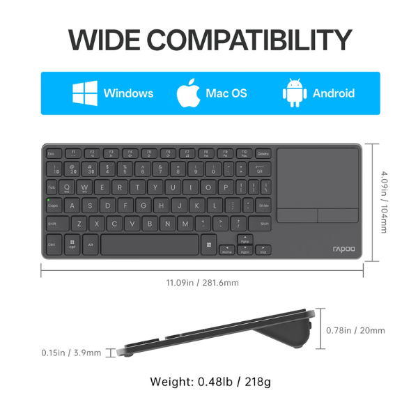 RapooE900Tmulti-modeWirelessUltra-slimKeyboardwithTouchpadAraLayout-DarkGrey-Dimensions-DokkanTech