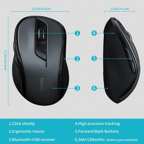 Rapoo M500 Silent Multi-mode Wireless Mouse - Black Feature dokkan tech