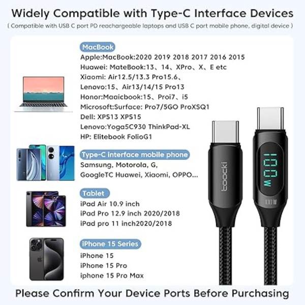 Toocki USB Type C to Type C Cable 100W PD Fast Charging Display Data 3ft Cable - DokanTech #