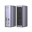 Two views of a Ugreen portable power bank in a metallic silver-gray finish, showing the front and back panel details against a white background.