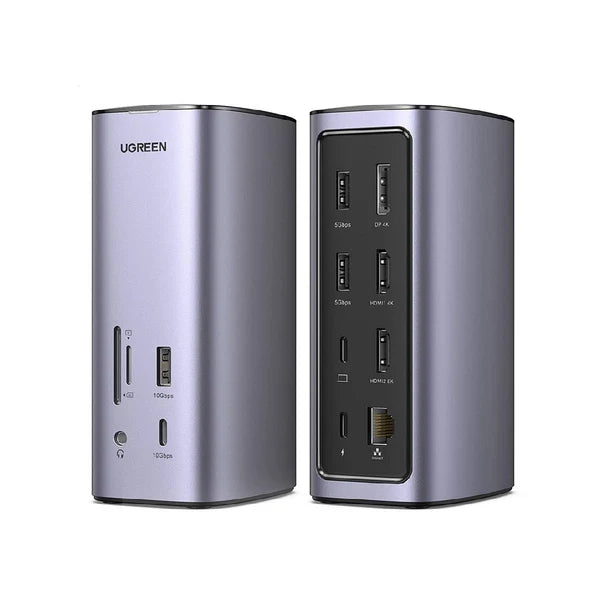 Two views of a Ugreen portable power bank in a metallic silver-gray finish, showing the front and back panel details against a white background.