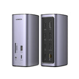 Two views of a Ugreen portable power bank in a metallic silver-gray finish, showing the front and back panel details against a white background.