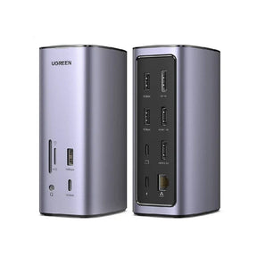 Two views of a Ugreen portable power bank in a metallic silver-gray finish, showing the front and back panel details against a white background.