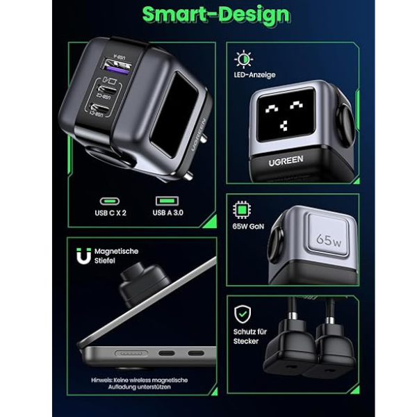 Ugreen Nexode RG 65W 3-Port Robot Gan Fast Charger - Black - DokanTech #