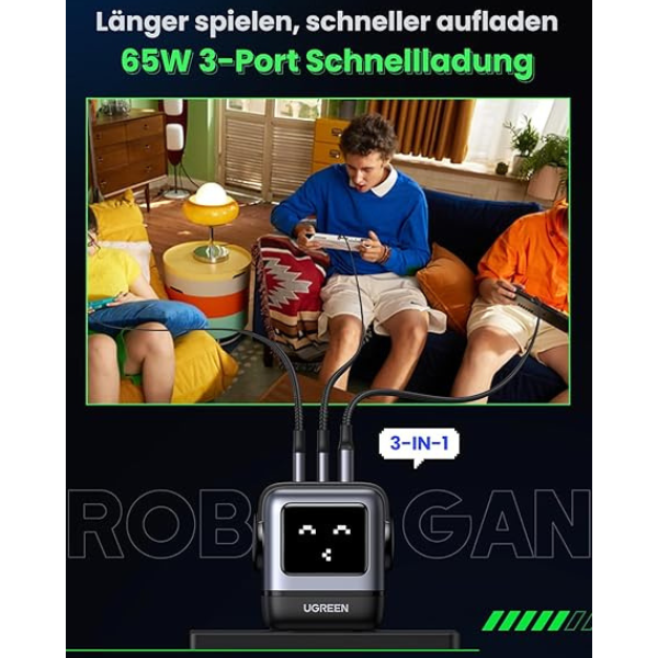 Ugreen Nexode RG 65W 3-Port Robot Gan Fast Charger - Black - DokanTech #