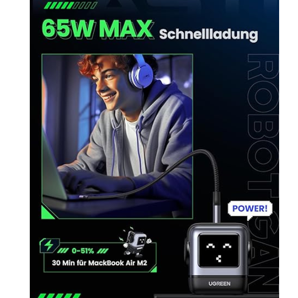 Ugreen Nexode RG 65W 3-Port Robot Gan Fast Charger - Black - DokanTech #