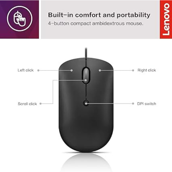 Lenovo 400 USB-C Wired Compact Mouse - Black - DokanTech #