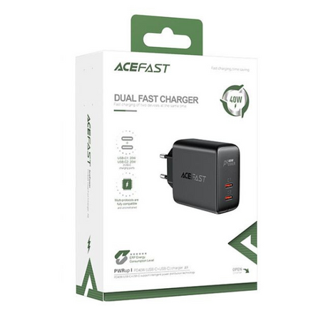 AceFast A9 40W (2xUSB-C) Fast Wall CHARGER PD3.0 - Black - DokanTech #