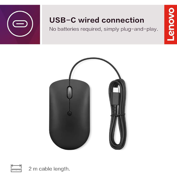 Lenovo 400 USB-C Wired Compact Mouse - Black - DokanTech #