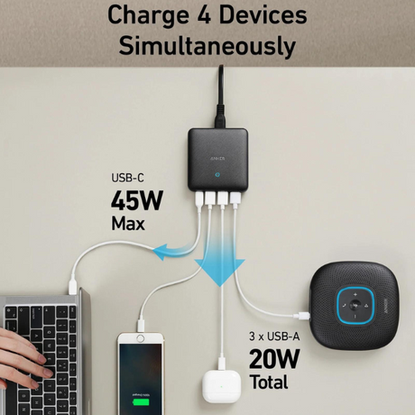 Anker PowerPort 65W 4 Port Atom III Slim Wall Charger with a 45W USB C Port PIQ 3.0 & GaN Fast Charger Adapter