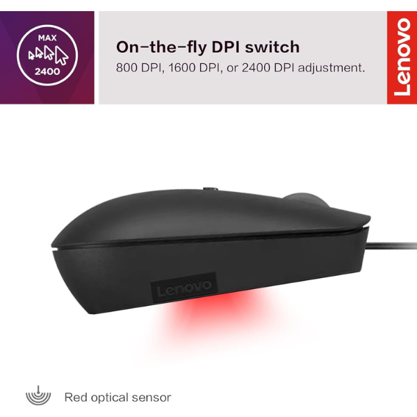 Lenovo 400 USB-C Wired Compact Mouse - Black - DokanTech #