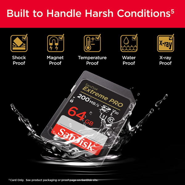 بطاقة Sandisk Extreme Pro بسعة 64 جيجابايت وسرعة 200 ميجابايت/ثانية - بطاقة SD لفيديو بدقة 4K لكاميرات DSLR