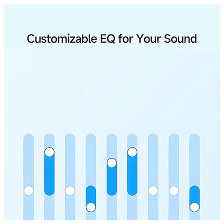 A light blue graphic with the text 'Customizable EQ for Your Sound' above a row of vertical sliders, some filled with blue and some with white, illustrating an adjustable equalizer.