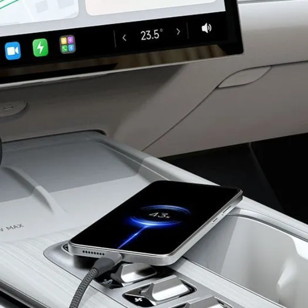 Xiaomi USB-C cable connected to a phone inside a car