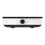 White robot vacuum cleaner with black accents on a white background