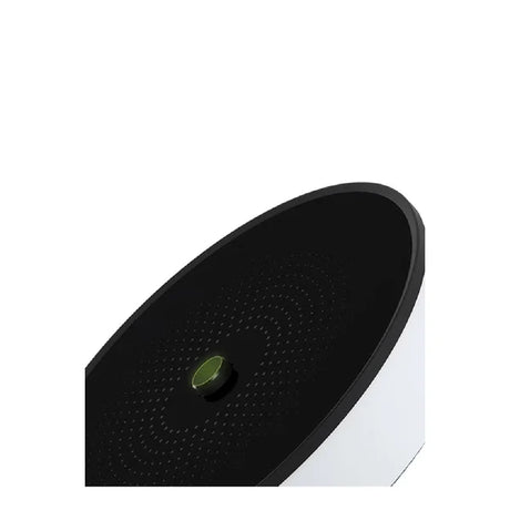 Black and white circular object with a green center on a white background