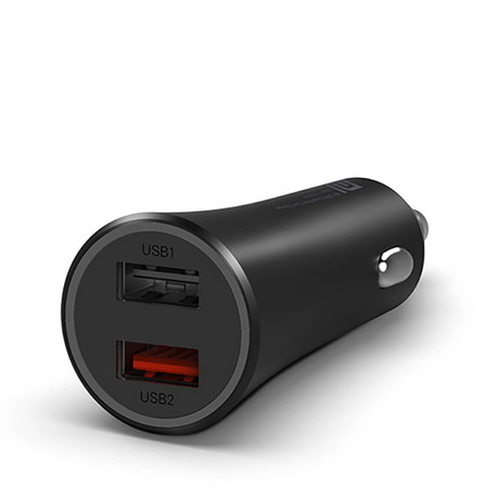 A black dual USB car charger with two USB-A ports (labeled USB1 and USB2) and a silver power button, shown on a white background.