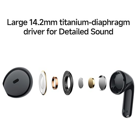 Black wireless earbud shown with an exploded view of its internal driver components, with text at the top reading 'Large 14.2mm titanium-diaphragm driver for Detailed Sound' on a white background.