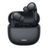 Black wireless earbuds in an open charging case on a plain white background.