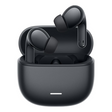 Black wireless earbuds in an open charging case on a plain white background.
