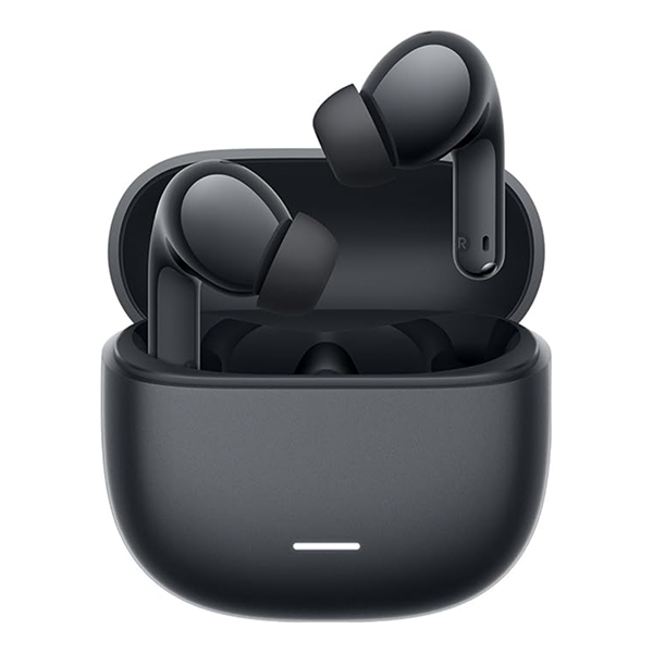Black wireless earbuds in an open charging case on a plain white background.