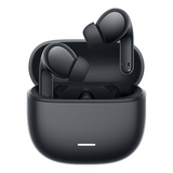 Black wireless earbuds in an open charging case on a plain white background.