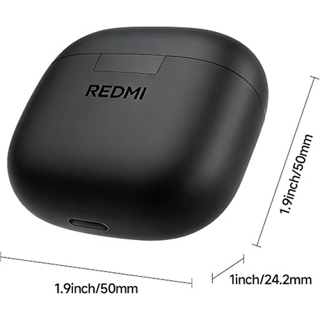 Black Redmi wireless earbud charging case with overlaid dimension lines and text showing measurements of 1.9 inch by 1.