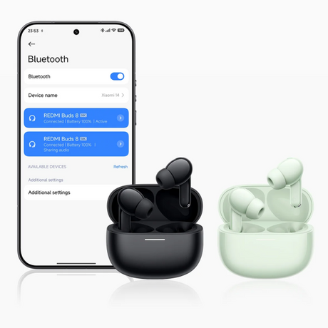 Two pairs of true wireless earbuds with charging cases are shown on a clean white background, alongside a smartphone displaying the Bluetooth device list with Redmi Buds 5S names.