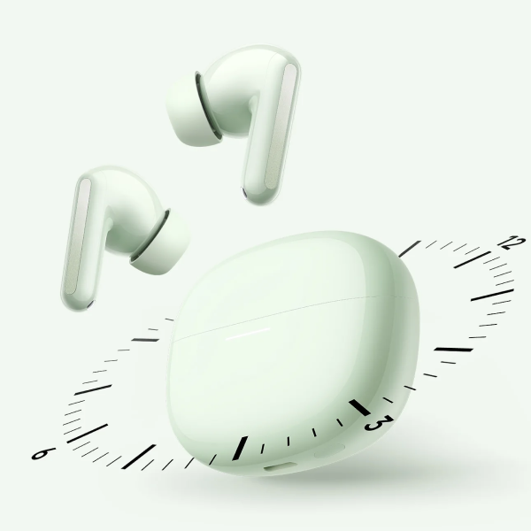 A pair of white wireless earbuds and their matching charging case floating against a very light gray background, with a decorative black clock face graphic behind them.