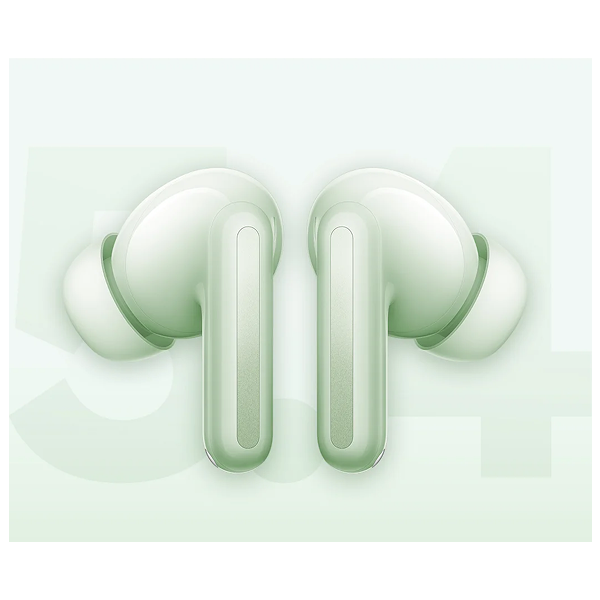 A pair of wireless earbuds in a pale mint green color, shown from the front against a matching light green background.