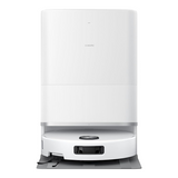 A white Xiaomi robotic vacuum cleaner docked at its matching white charging station, shown against a solid white background.
