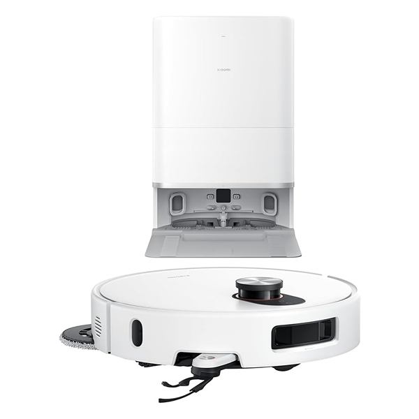 A white robotic vacuum cleaner shown below a matching white and gray automatic docking station on a clean white background.